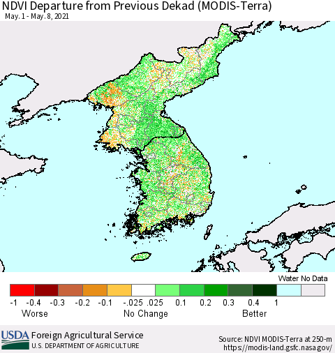 Korea NDVI Departure from Previous Dekad (Terra-MODIS) Thematic Map For 5/1/2021 - 5/10/2021