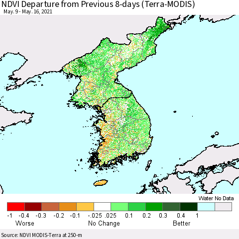 Korea NDVI Departure from Previous 8-days (Terra-MODIS) Thematic Map For 5/9/2021 - 5/16/2021