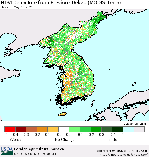 Korea NDVI Departure from Previous Dekad (Terra-MODIS) Thematic Map For 5/11/2021 - 5/20/2021