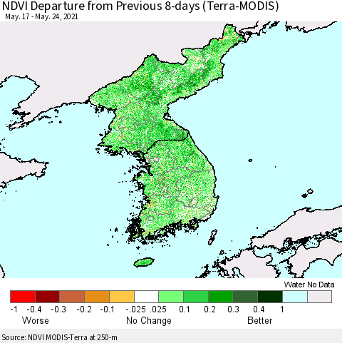 Korea NDVI Departure from Previous 8-days (Terra-MODIS) Thematic Map For 5/17/2021 - 5/24/2021