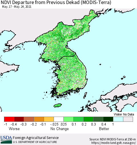 Korea NDVI Departure from Previous Dekad (Terra-MODIS) Thematic Map For 5/21/2021 - 5/31/2021