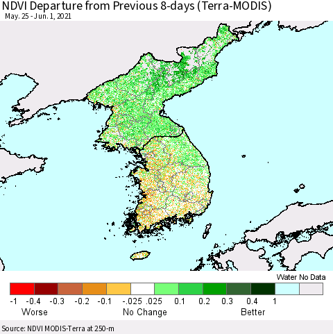 Korea NDVI Departure from Previous 8-days (Terra-MODIS) Thematic Map For 5/25/2021 - 6/1/2021