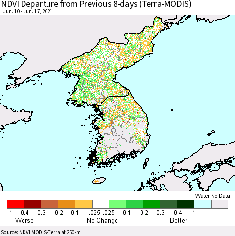 Korea NDVI Departure from Previous 8-days (Terra-MODIS) Thematic Map For 6/10/2021 - 6/17/2021