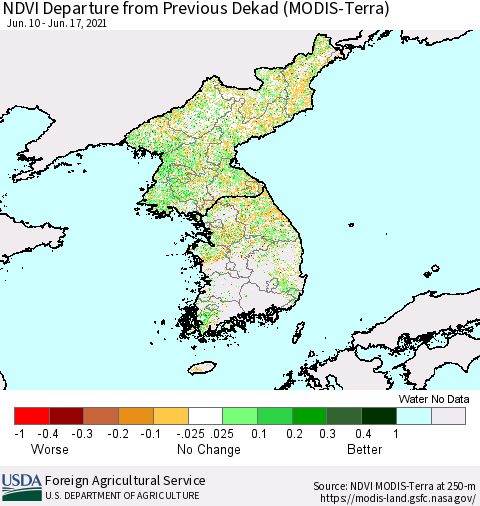 Korea NDVI Departure from Previous Dekad (Terra-MODIS) Thematic Map For 6/11/2021 - 6/20/2021