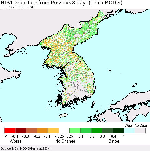 Korea NDVI Departure from Previous 8-days (Terra-MODIS) Thematic Map For 6/18/2021 - 6/25/2021