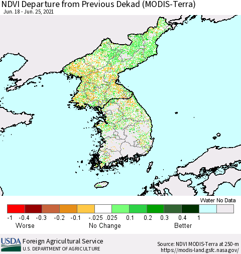 Korea NDVI Departure from Previous Dekad (Terra-MODIS) Thematic Map For 6/21/2021 - 6/30/2021