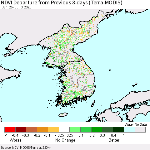Korea NDVI Departure from Previous 8-days (Terra-MODIS) Thematic Map For 6/26/2021 - 7/3/2021