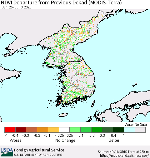 Korea NDVI Departure from Previous Dekad (Terra-MODIS) Thematic Map For 7/1/2021 - 7/10/2021