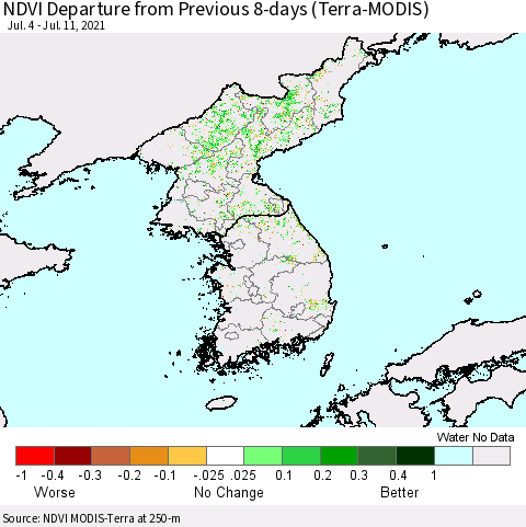 Korea NDVI Departure from Previous 8-days (Terra-MODIS) Thematic Map For 7/4/2021 - 7/11/2021