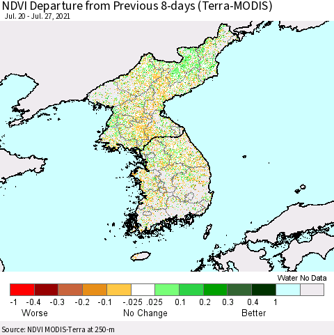 Korea NDVI Departure from Previous 8-days (Terra-MODIS) Thematic Map For 7/20/2021 - 7/27/2021