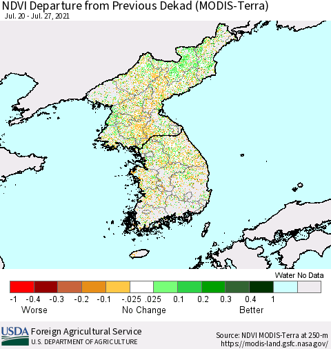 Korea NDVI Departure from Previous Dekad (Terra-MODIS) Thematic Map For 7/21/2021 - 7/31/2021