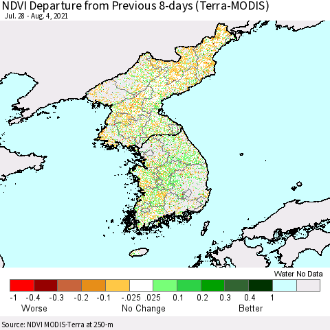 Korea NDVI Departure from Previous 8-days (Terra-MODIS) Thematic Map For 7/28/2021 - 8/4/2021