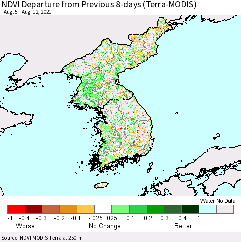 Korea NDVI Departure from Previous 8-days (Terra-MODIS) Thematic Map For 8/5/2021 - 8/12/2021