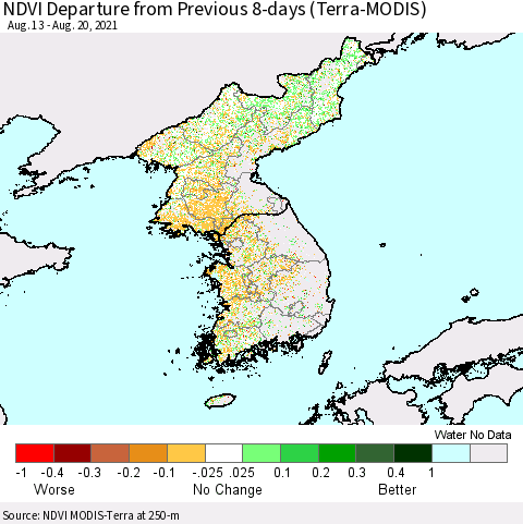 Korea NDVI Departure from Previous Dekad (Terra-MODIS) Thematic Map For 8/11/2021 - 8/20/2021