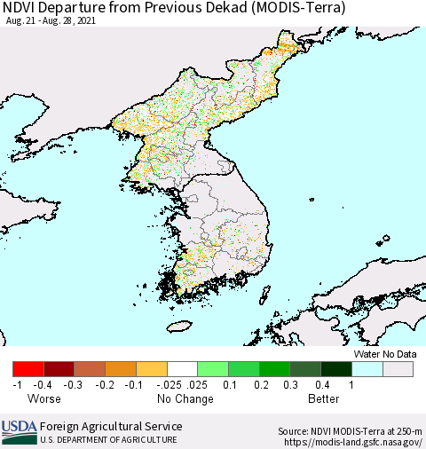 Korea NDVI Departure from Previous Dekad (Terra-MODIS) Thematic Map For 8/21/2021 - 8/31/2021