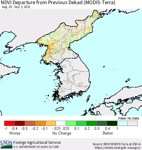 Korea NDVI Departure from Previous Dekad (Terra-MODIS) Thematic Map For 9/1/2021 - 9/10/2021
