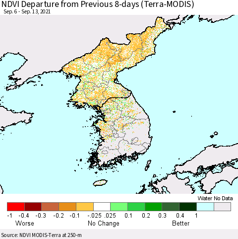 Korea NDVI Departure from Previous 8-days (Terra-MODIS) Thematic Map For 9/6/2021 - 9/13/2021
