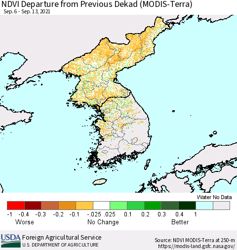 Korea NDVI Departure from Previous Dekad (Terra-MODIS) Thematic Map For 9/11/2021 - 9/20/2021