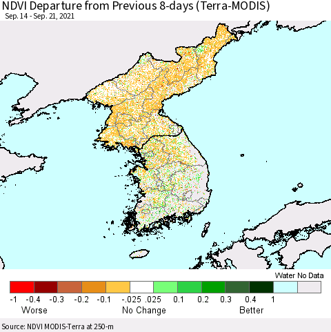 Korea NDVI Departure from Previous 8-days (Terra-MODIS) Thematic Map For 9/14/2021 - 9/21/2021
