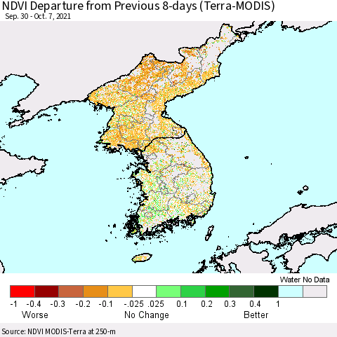 Korea NDVI Departure from Previous 8-days (Terra-MODIS) Thematic Map For 9/30/2021 - 10/7/2021