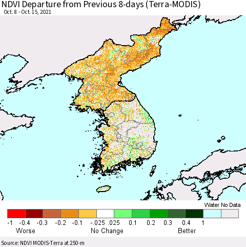Korea NDVI Departure from Previous 8-days (Terra-MODIS) Thematic Map For 10/8/2021 - 10/15/2021