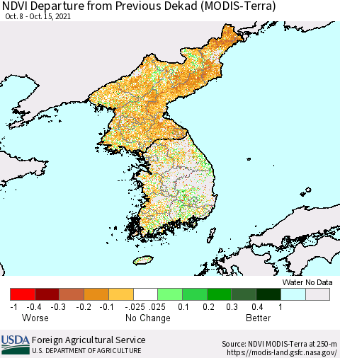 Korea NDVI Departure from Previous Dekad (Terra-MODIS) Thematic Map For 10/11/2021 - 10/20/2021