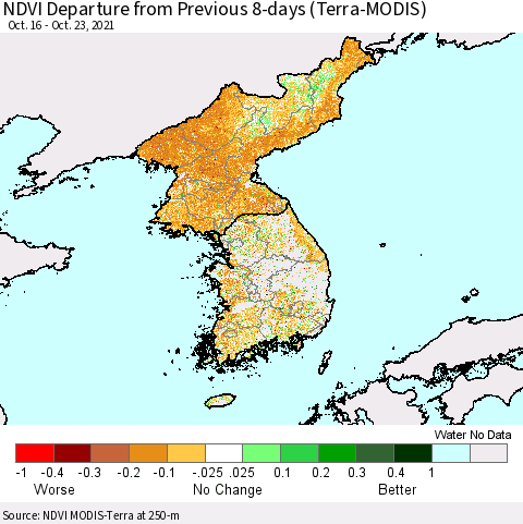 Korea NDVI Departure from Previous 8-days (Terra-MODIS) Thematic Map For 10/16/2021 - 10/23/2021