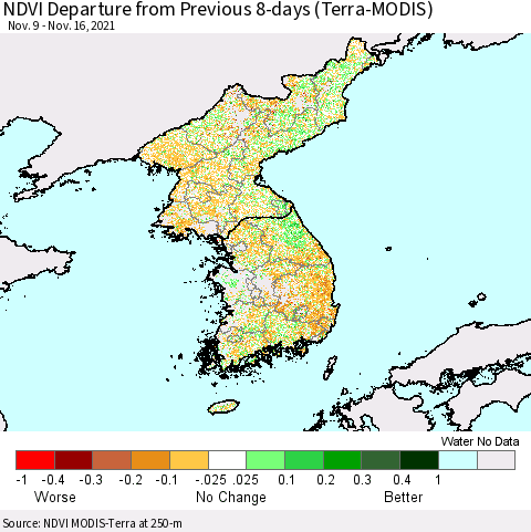Korea NDVI Departure from Previous 8-days (Terra-MODIS) Thematic Map For 11/9/2021 - 11/16/2021