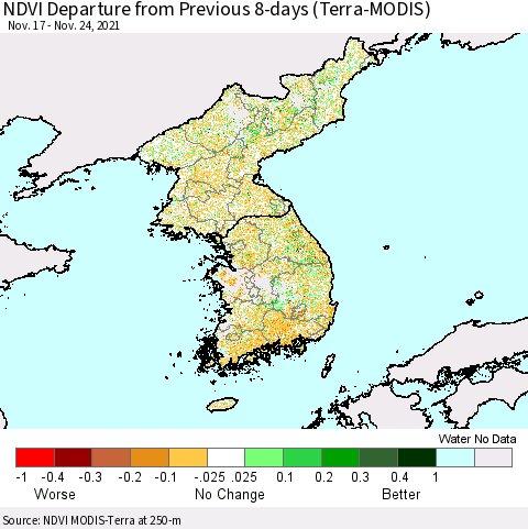 Korea NDVI Departure from Previous 8-days (Terra-MODIS) Thematic Map For 11/17/2021 - 11/24/2021