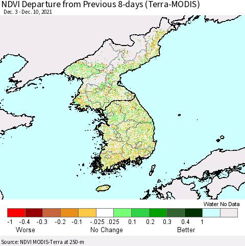 Korea NDVI Departure from Previous Dekad (Terra-MODIS) Thematic Map For 12/1/2021 - 12/10/2021
