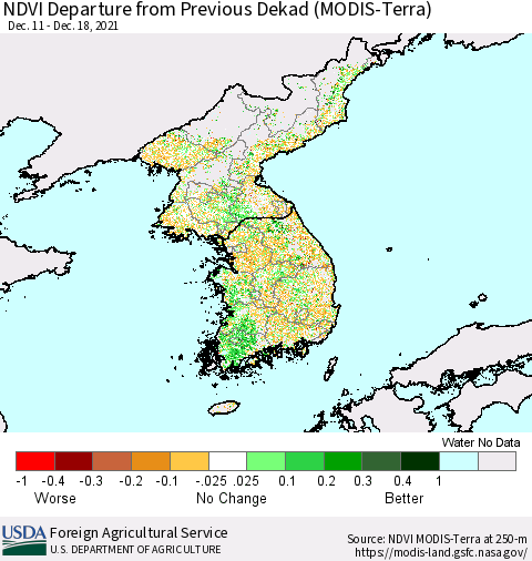 Korea NDVI Departure from Previous Dekad (Terra-MODIS) Thematic Map For 12/11/2021 - 12/20/2021