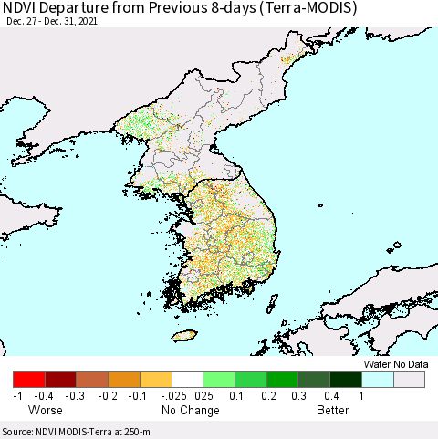 Korea NDVI Departure from Previous 8-days (Terra-MODIS) Thematic Map For 12/26/2021 - 1/2/2022