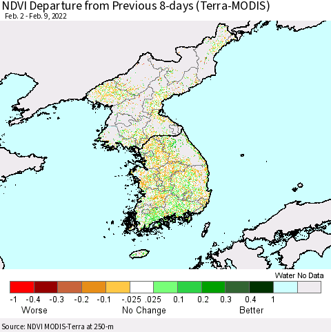 Korea NDVI Departure from Previous 8-days (Terra-MODIS) Thematic Map For 2/2/2022 - 2/9/2022