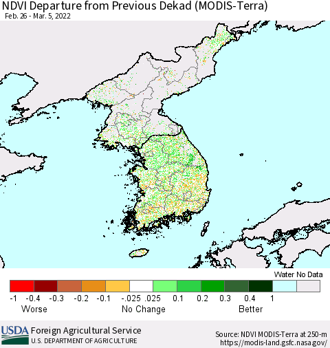 Korea NDVI Departure from Previous Dekad (Terra-MODIS) Thematic Map For 3/1/2022 - 3/10/2022