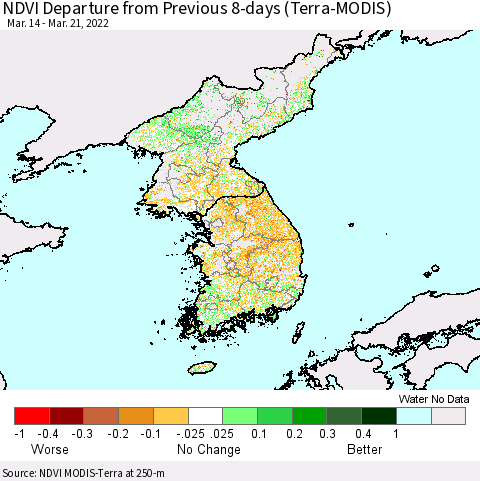 Korea NDVI Departure from Previous 8-days (Terra-MODIS) Thematic Map For 3/14/2022 - 3/21/2022