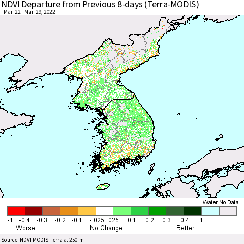 Korea NDVI Departure from Previous 8-days (Terra-MODIS) Thematic Map For 3/22/2022 - 3/29/2022