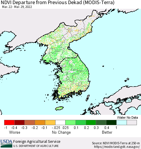 Korea NDVI Departure from Previous Dekad (Terra-MODIS) Thematic Map For 3/21/2022 - 3/31/2022