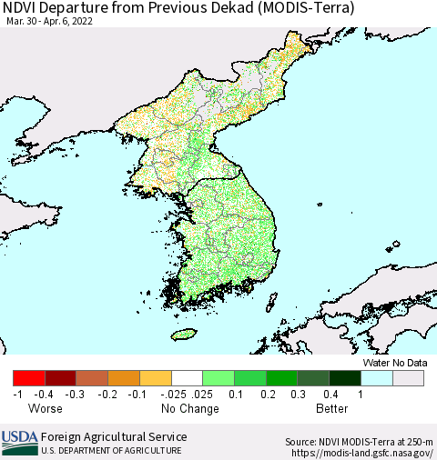 Korea NDVI Departure from Previous Dekad (Terra-MODIS) Thematic Map For 4/1/2022 - 4/10/2022