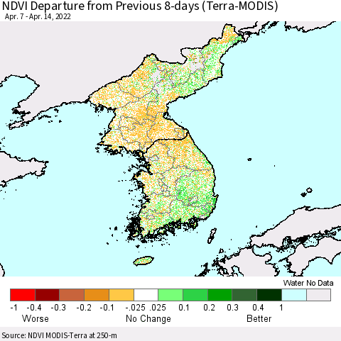 Korea NDVI Departure from Previous 8-days (Terra-MODIS) Thematic Map For 4/7/2022 - 4/14/2022