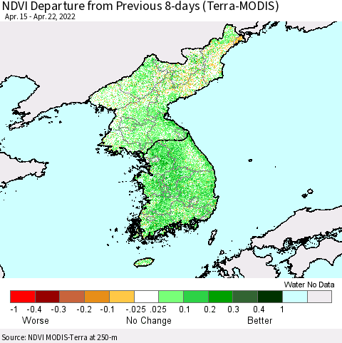 Korea NDVI Departure from Previous 8-days (Terra-MODIS) Thematic Map For 4/15/2022 - 4/22/2022