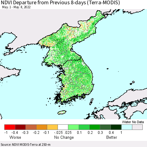 Korea NDVI Departure from Previous 8-days (Terra-MODIS) Thematic Map For 5/1/2022 - 5/8/2022
