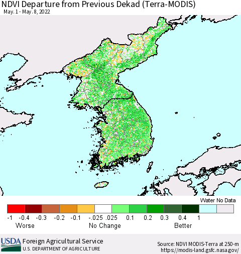 Korea NDVI Departure from Previous Dekad (Terra-MODIS) Thematic Map For 5/1/2022 - 5/10/2022