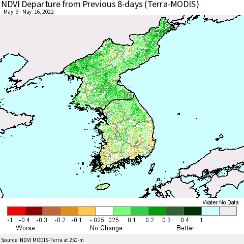 Korea NDVI Departure from Previous 8-days (Terra-MODIS) Thematic Map For 5/9/2022 - 5/16/2022