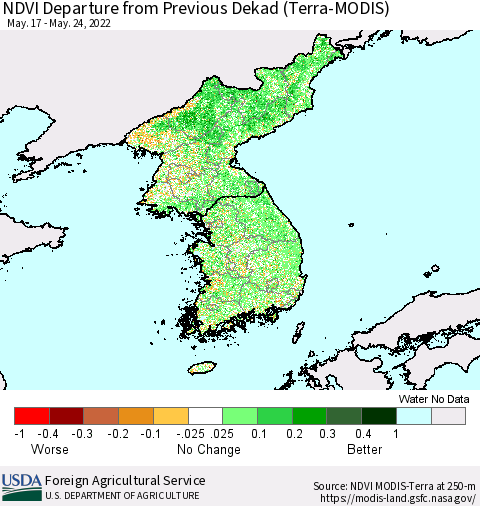 Korea NDVI Departure from Previous Dekad (Terra-MODIS) Thematic Map For 5/21/2022 - 5/31/2022
