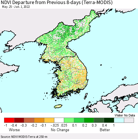 Korea NDVI Departure from Previous 8-days (Terra-MODIS) Thematic Map For 5/25/2022 - 6/1/2022
