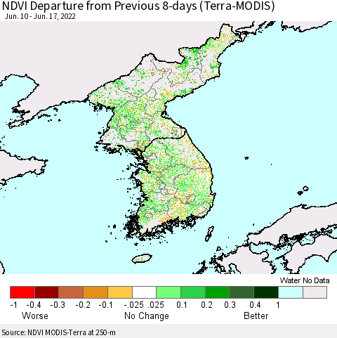 Korea NDVI Departure from Previous 8-days (Terra-MODIS) Thematic Map For 6/10/2022 - 6/17/2022