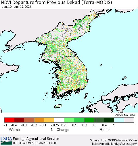 Korea NDVI Departure from Previous Dekad (Terra-MODIS) Thematic Map For 6/11/2022 - 6/20/2022