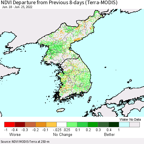 Korea NDVI Departure from Previous 8-days (Terra-MODIS) Thematic Map For 6/18/2022 - 6/25/2022