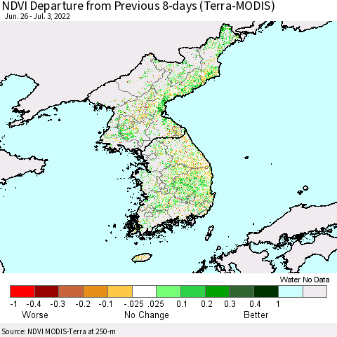Korea NDVI Departure from Previous 8-days (Terra-MODIS) Thematic Map For 6/26/2022 - 7/3/2022