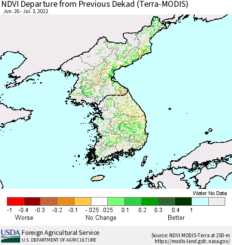 Korea NDVI Departure from Previous Dekad (Terra-MODIS) Thematic Map For 7/1/2022 - 7/10/2022